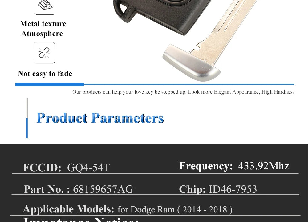 jingyuqin GQ4-54T ID46 Remote Pickup Car Key For Dodge Ram 1500 2500 3500 2014 2015 2016 2017 2018 Keyless FOB 433Mhz 2/3/4/5 BT