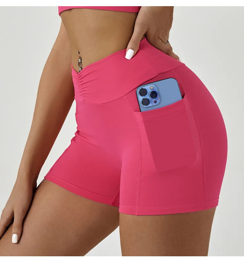 Tight Fitting Hip Yoga Shorts Pockets Women High Waisted Fitness Outdoor Leggings Scrunch Lifting Yoga Biker Shorts