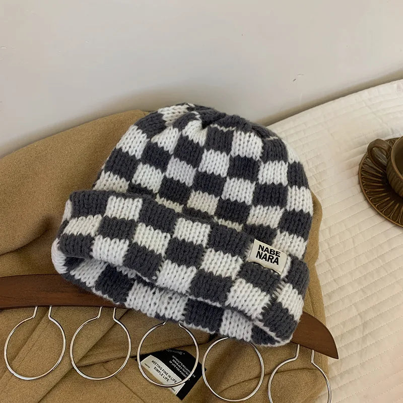 Luxury Brand Chessboard Plaid Knitted Hat Women Winter New Big Size Hat Warm Beanies Skullies Green Red Xmas Christmas Hat