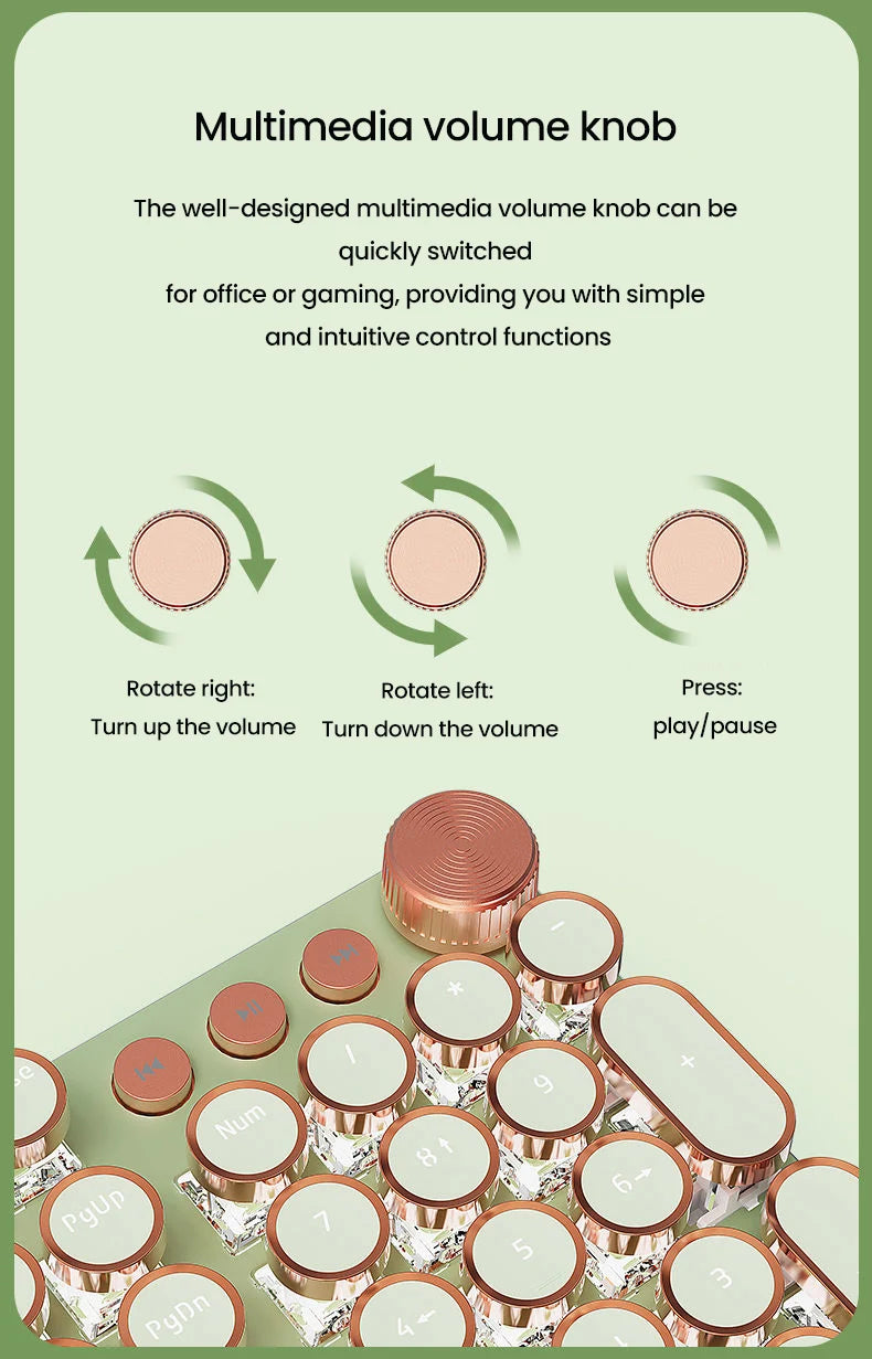 EWEADN V20 Punk Typewriter Mechanical Gaming Keyboard, 104 Keys Round Keycaps LED White Backlit, Key-wire separation design