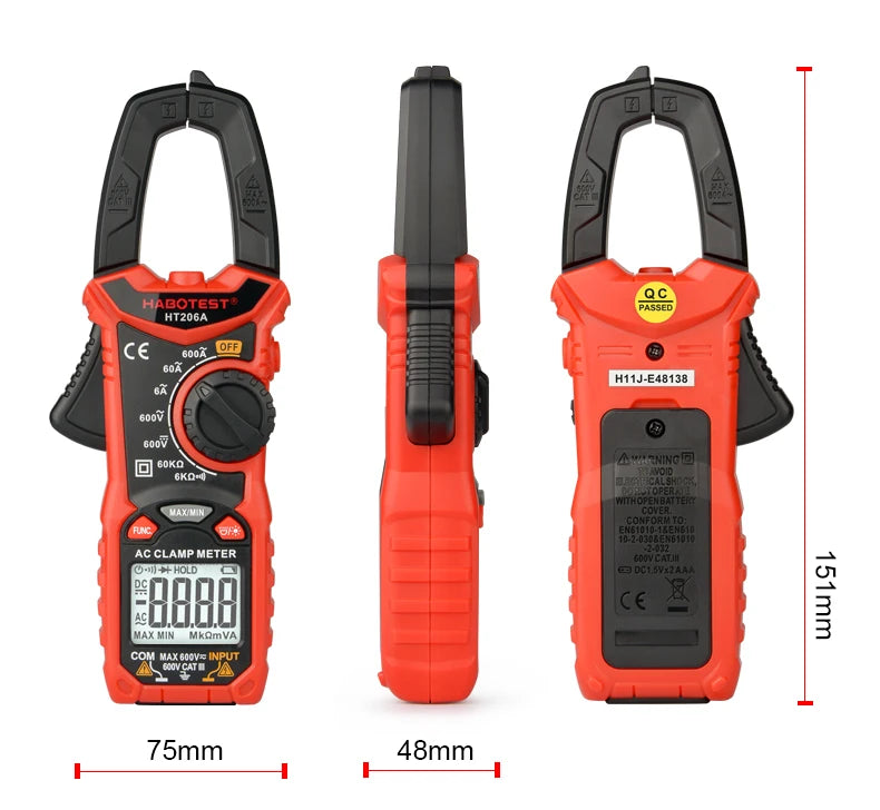 HABOTEST Digital Clamp Meter HT206A HT206B HT206D 600A AC DC Current Two-color Backlight NCV Voltmeter Ammeter With Leather Case