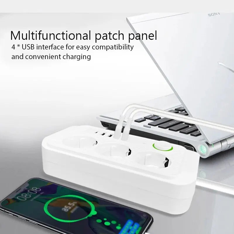 EU Plug Power Strip 2M Extension Cable Multiprise 3AC Outlets Electrical Socket with 4 USB 1 Type C Network Filter Fast Charging