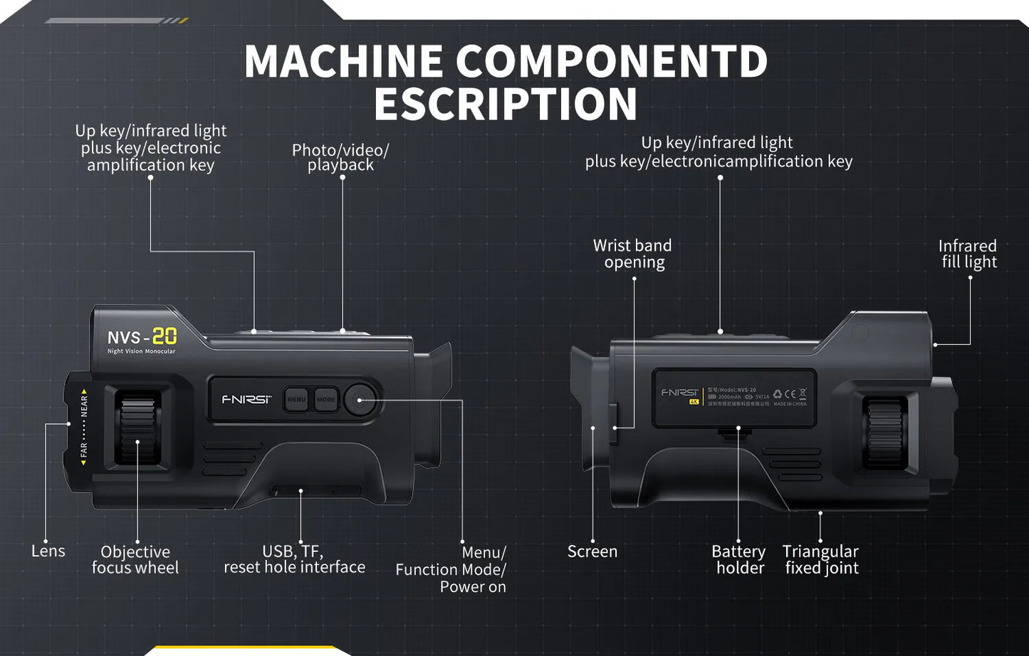 FNIRSI Telescope NVS-20 4K HD Monocular Night Vision Goggles 6X Digital Zoom 300m Hunting Camping Scope Day and Night Dual Use