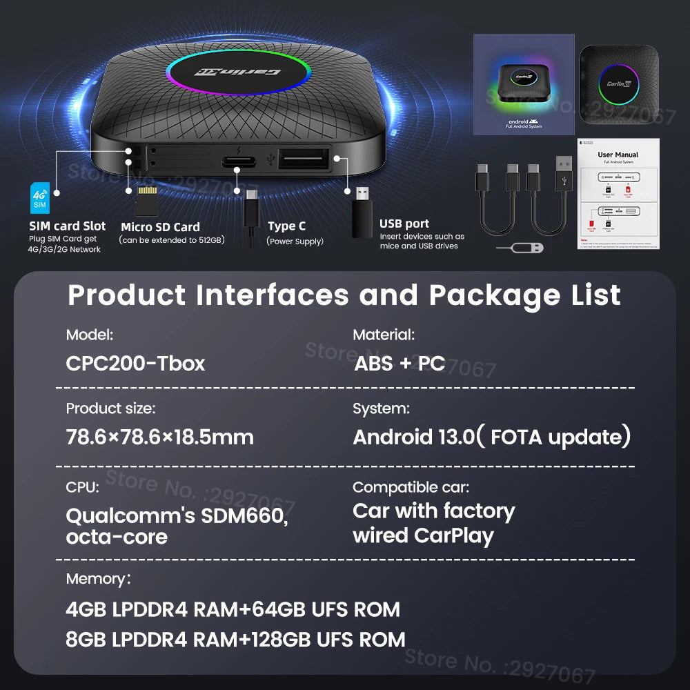 CarlinKit SDM660 Android 13 TV Box CarPlay Ai Box 8G+128G Wireless CarPlay Android Auto 4GLTE BT WiFi Streaming Box for OEM Car