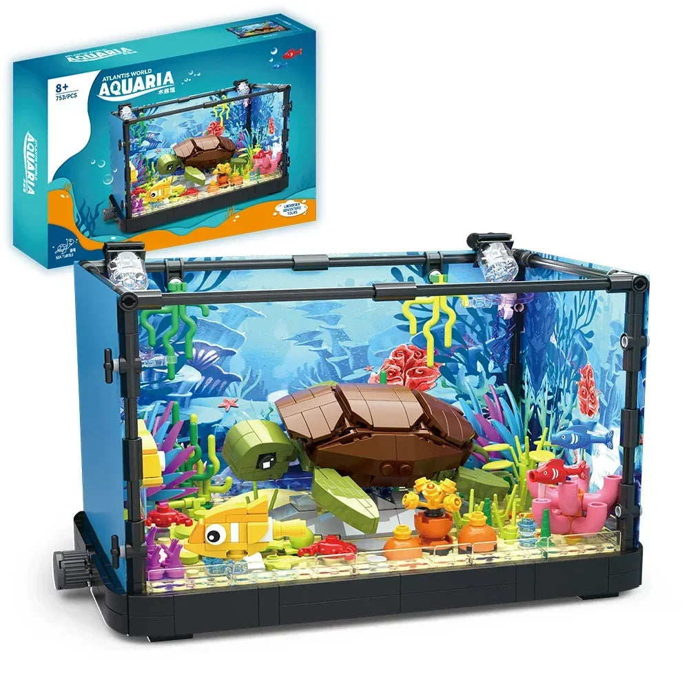 Idea Fish Tank Building Block Set with Light，Aquarium, Marine Life, Jellyfish And Turtle Ecological Tank, Toys For Boys And Girl