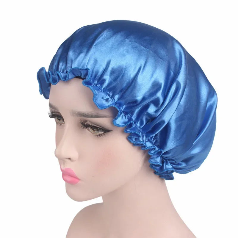 Satin Hair Cap Bonnet Night Sleep Cap Women Shower Cap Femme Silk Long Hair Cap Hat For Bath Unisex  hair bonnets