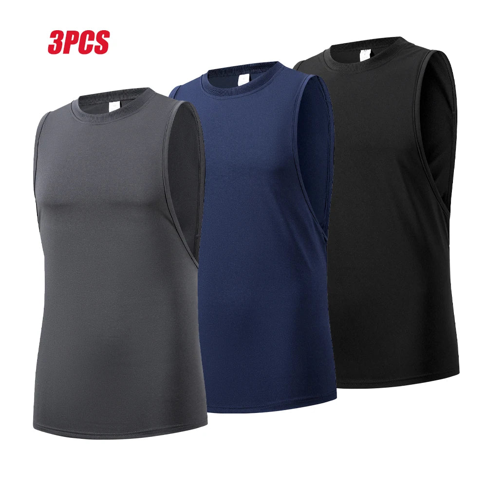 3-Piece Men's Sports Tank Top Solid Color Simple Sleeveless Slim Vest Men Quick Dry Fitness Basketball Running Training T-shirt