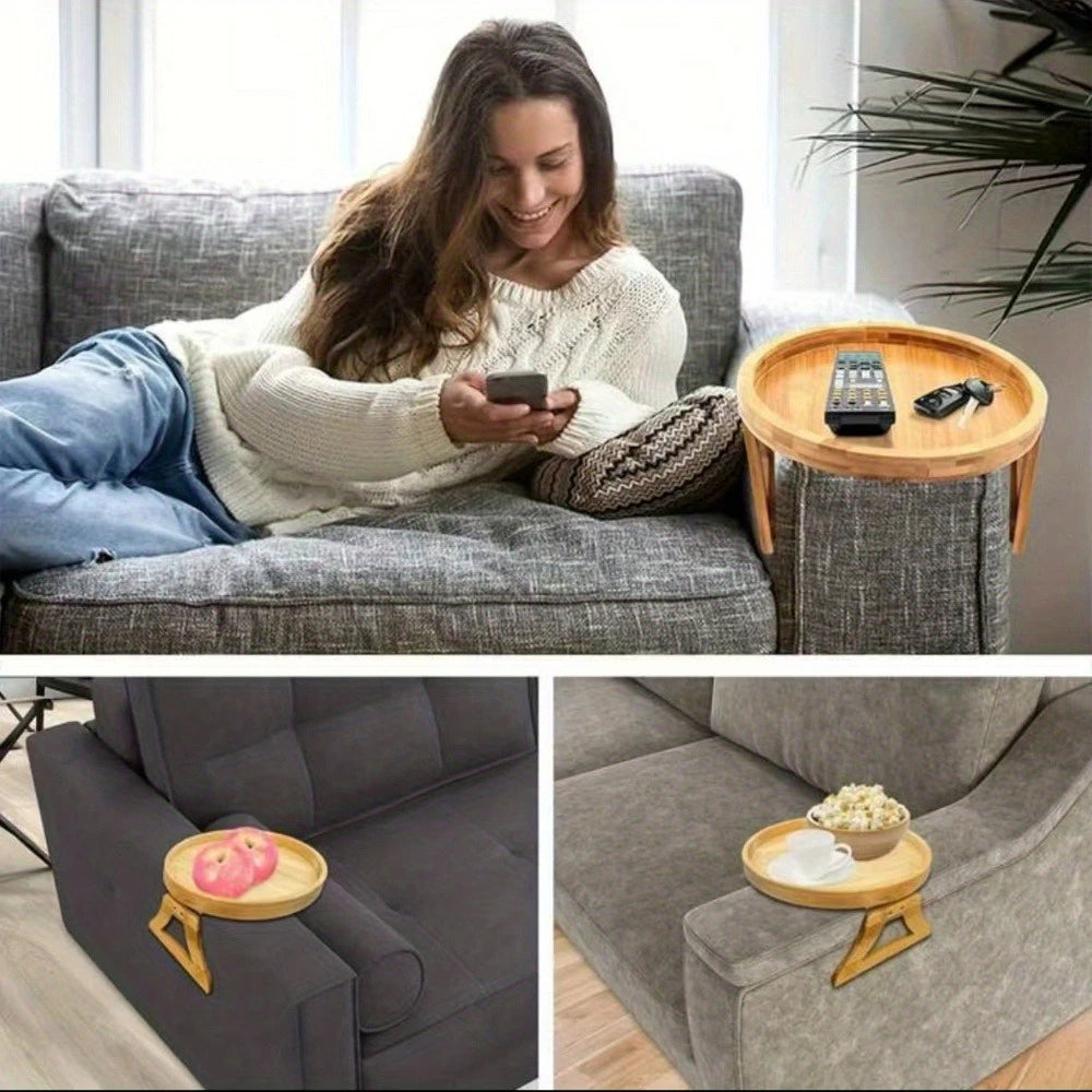 Foldable Sofa Armrest Tray - Wooden Clip-On Couch Table for Drinks, Phone, Laptop, Breakfast in Bed, Living Room Organizer