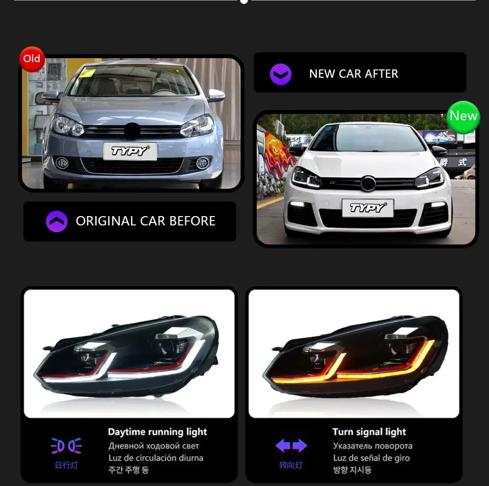 TYPY Car Headlights For Volkswagen Golf6 MK6 2009-2012 LED Car Lamps Daytime Running Lights Dynamic Turn Signals Car Accessories