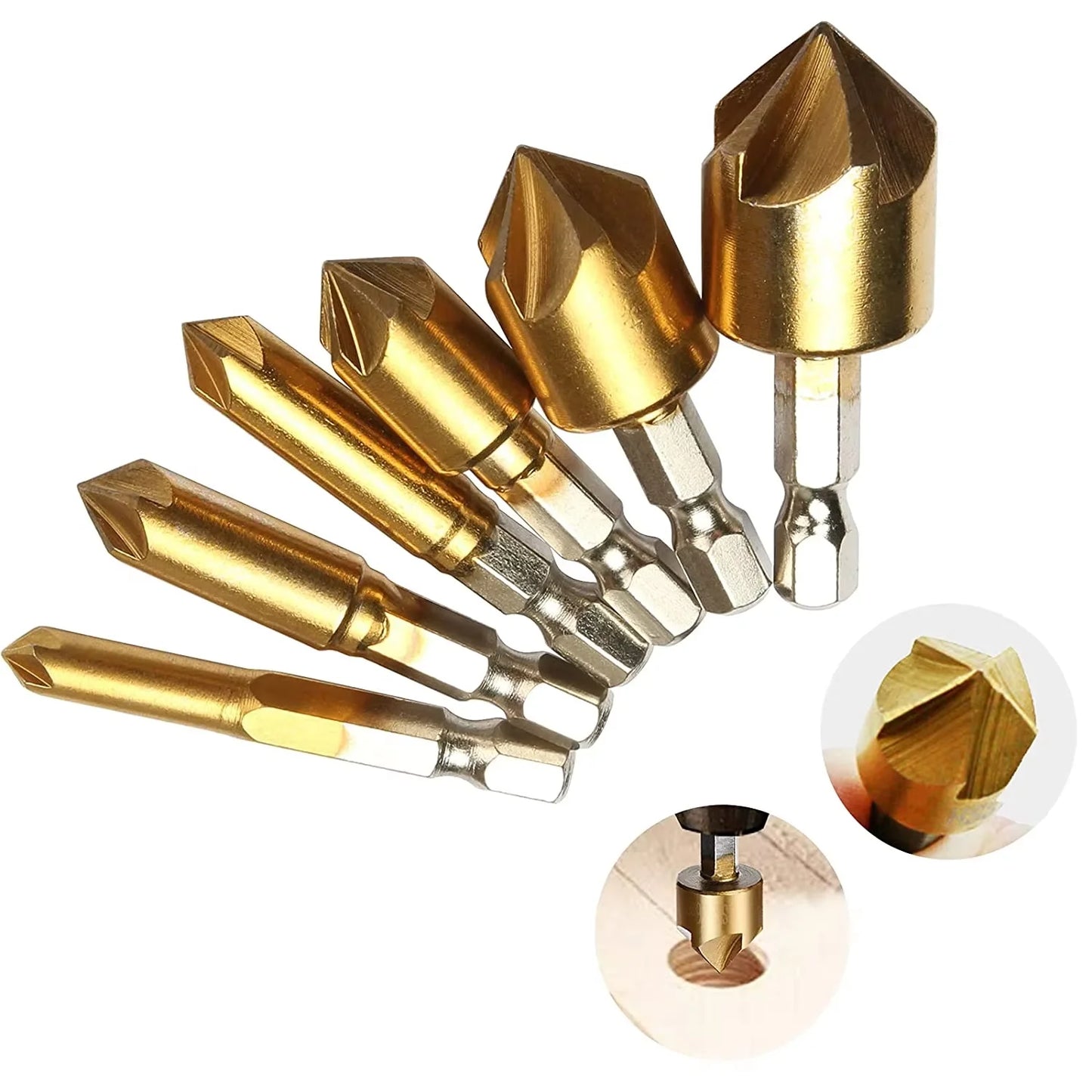 6PCS Hexagon Shank Titanium-Plated Five Flute Chamfering Cutter 1/4'' Hexagon Shank Reaming Chamfer 12mm16mm19mm Punching Tool