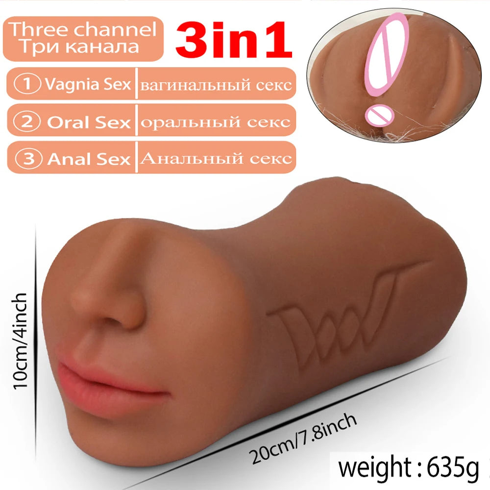 3 IN 1 Male Masturbator Silicone Vagina Real Pussy Open Mouth Teeth Realistic Sex Deep Sex Toys for Men Oral Masturbation Sextoy