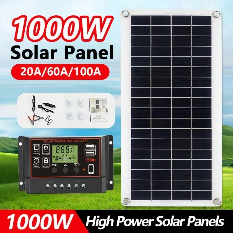 20W-1000W Solar Panel 12V Solar Cell 100A Controller Solar Panel for Phone RV Car MP3 PAD Charger Outdoor Battery Supply Camping