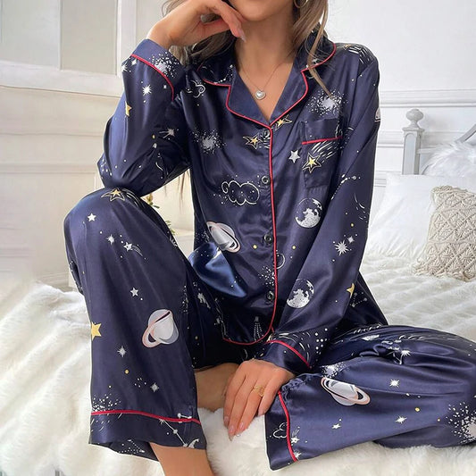 Women's Pajama Lounge Set Satin Long Sleeve Buttons Lapel Top and Pants Pajamas 2 Piece Sets Autumn Lady Sleepwear Home Clothing