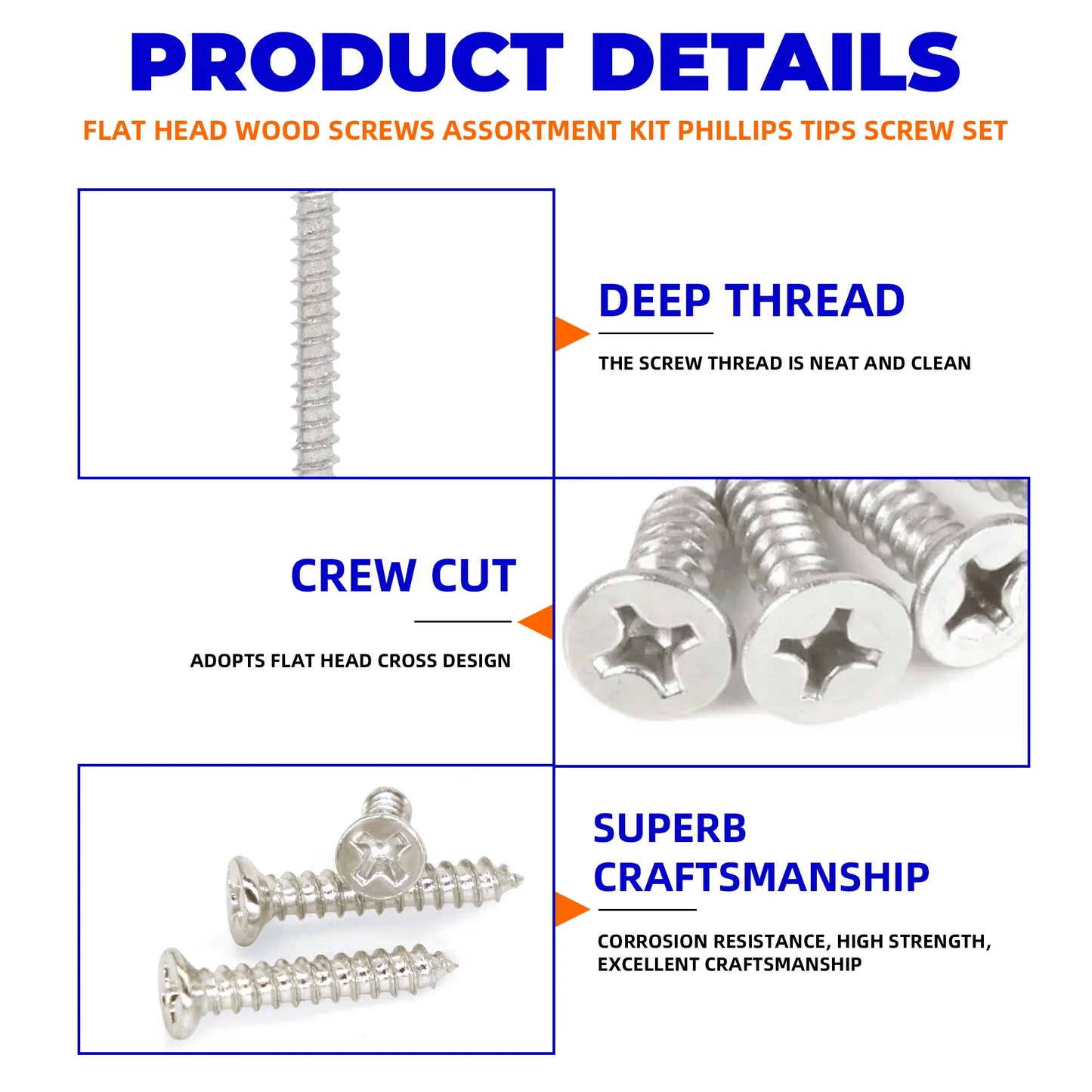 400pcs Flat Head Wood screws Assortment kit Phillips Tips screw set M2x4mm-20mm Self-tapping Screws Wood Screw