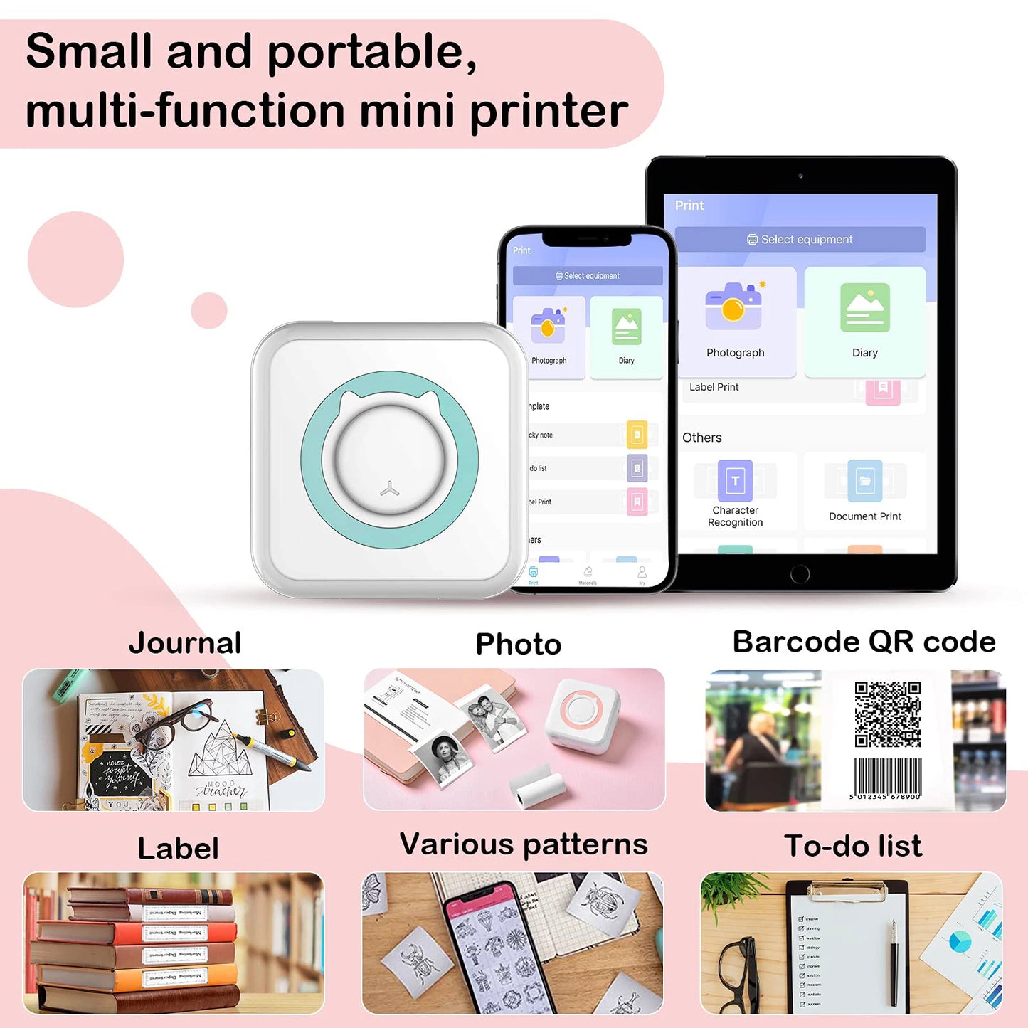 58mm Portable Mini Thermal Printer BT 203dpi Photo Label Memo Wrong Question Printing Portable Wirelessly With USB Cable