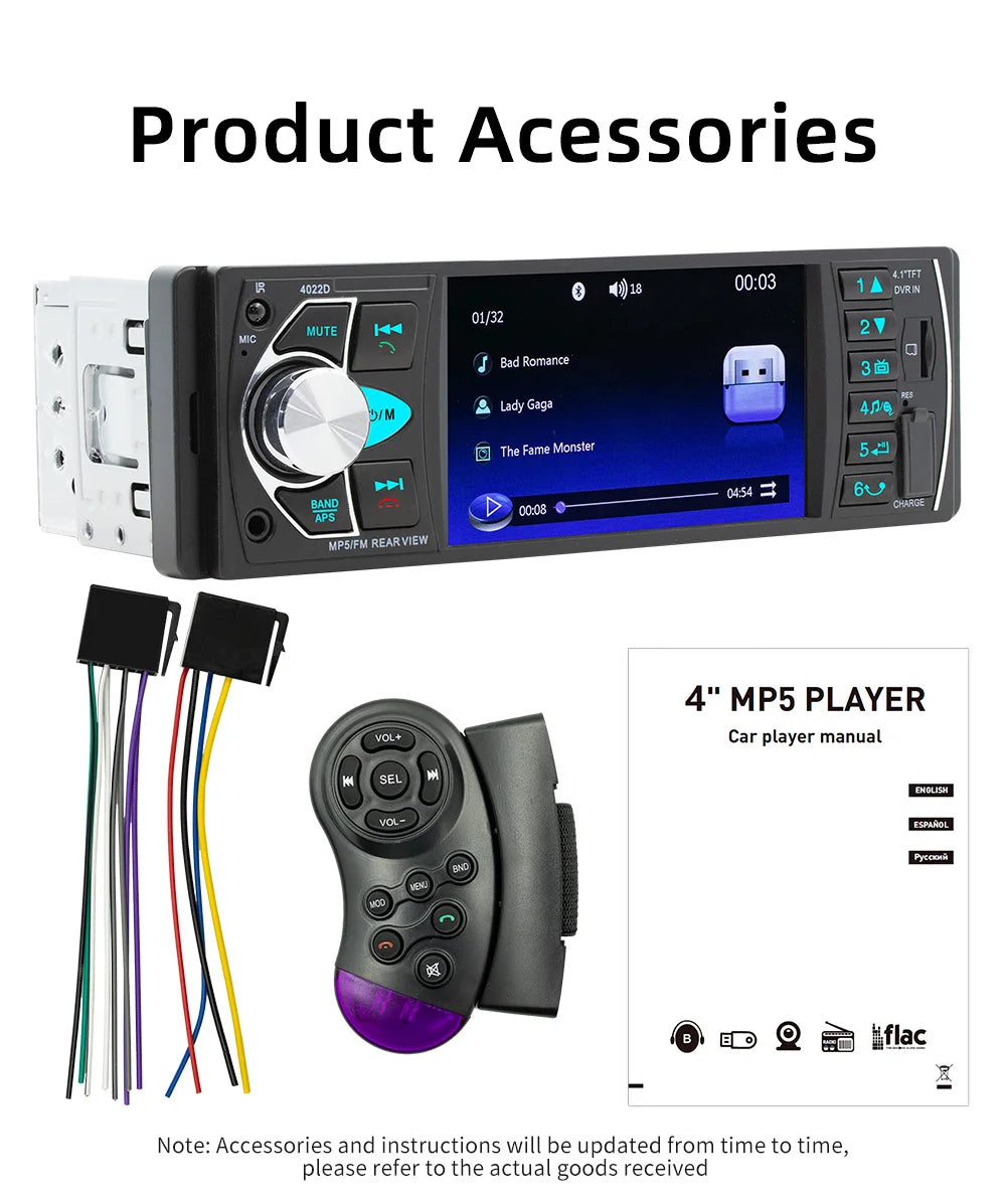 BQCC1 Din 4Inch Car Radio HD Screen Bluetooth Music Handsfree MP5 Player TF USB Charging Remote Audio System ISO Head Unit 4022D