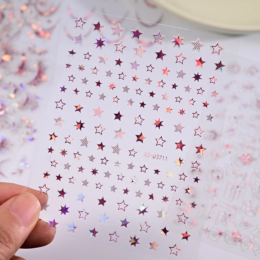 12Pcs Gold/Silver Tasse/Line/Star/Moon 3D Nail Art Stickers Leaf/Geometric Design Self-adhesive Sliders Luxury Manicure Decals