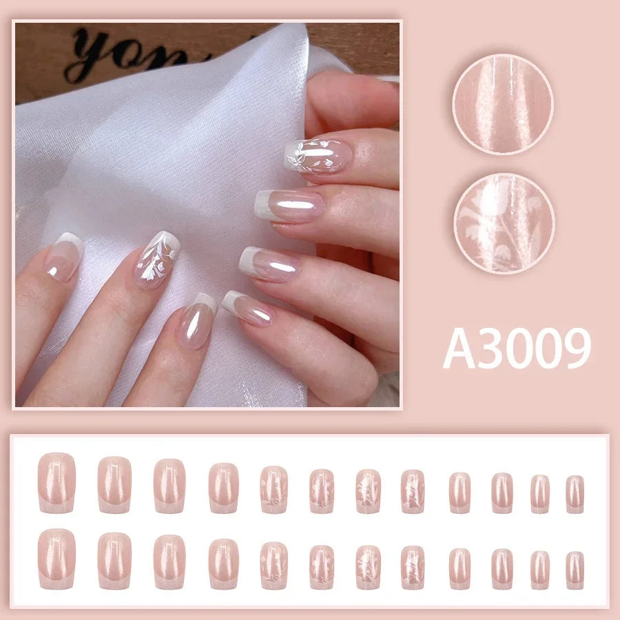 Watercolor Rose Fake Nail with Jelly sticker Press on False Nails Wearable Round Head Oval Full Cover Nail Tips