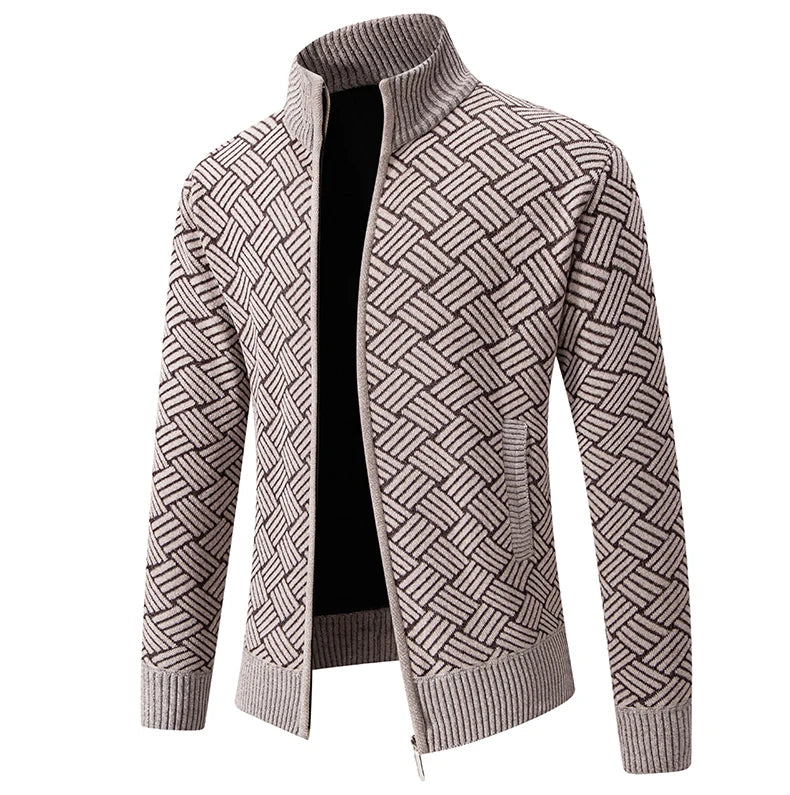 Mens Sweaters Jacket Full Zip Fleeced Sweater Cardigan Plaid Stand Collar Sweaters Coat Autumn Winter Homme Clothes