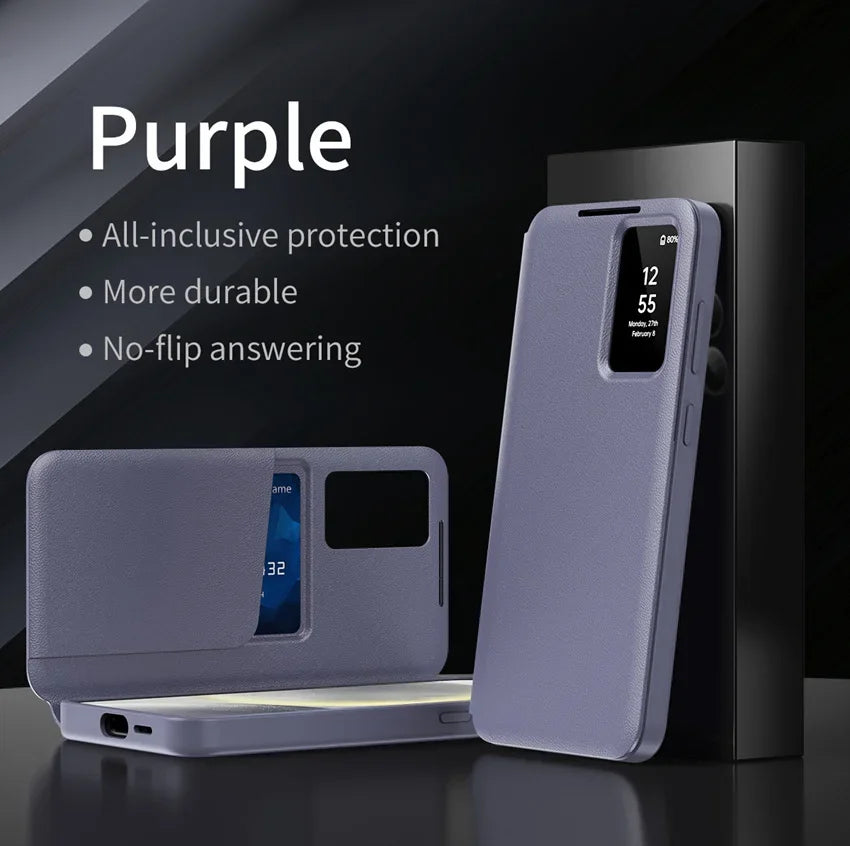 Smart Window View Leather Flip Case for Samsung Galaxy S26 S25 S24 S23 Ultra Plus No-flip Answering Card Holder Slot Book Cover