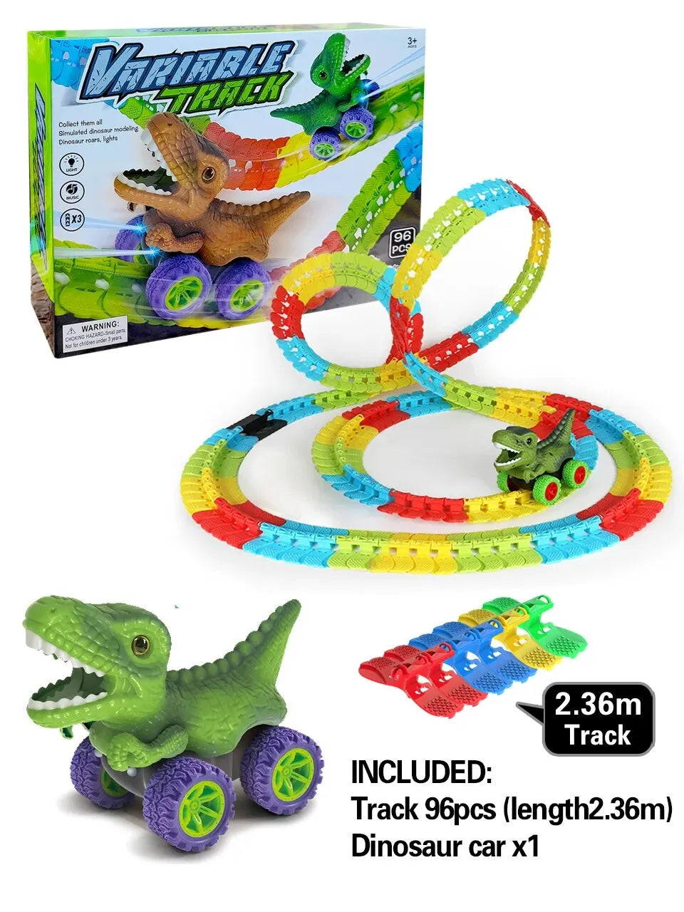 Dinosaur Track Cars For Boy Flexible Track with LED Light And Sound-Up Race Car Set Anti-gravity Track Train Gift for Kid