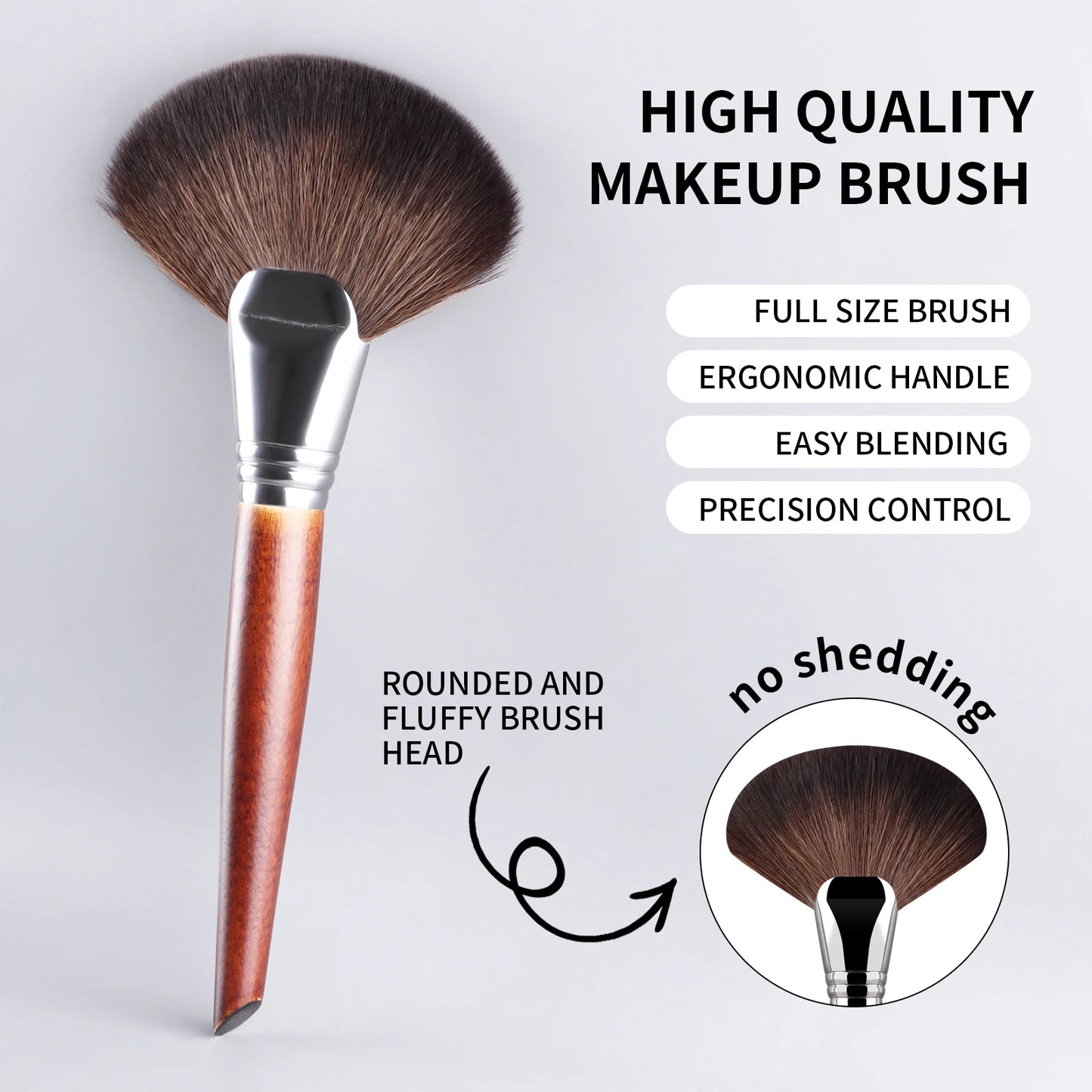1pc Professional Fan Paint Brush Long Wood Handle High-Quality Nylon Hair Soft Goat Hair Blusher Sculpting Highlight Make Up Bru
