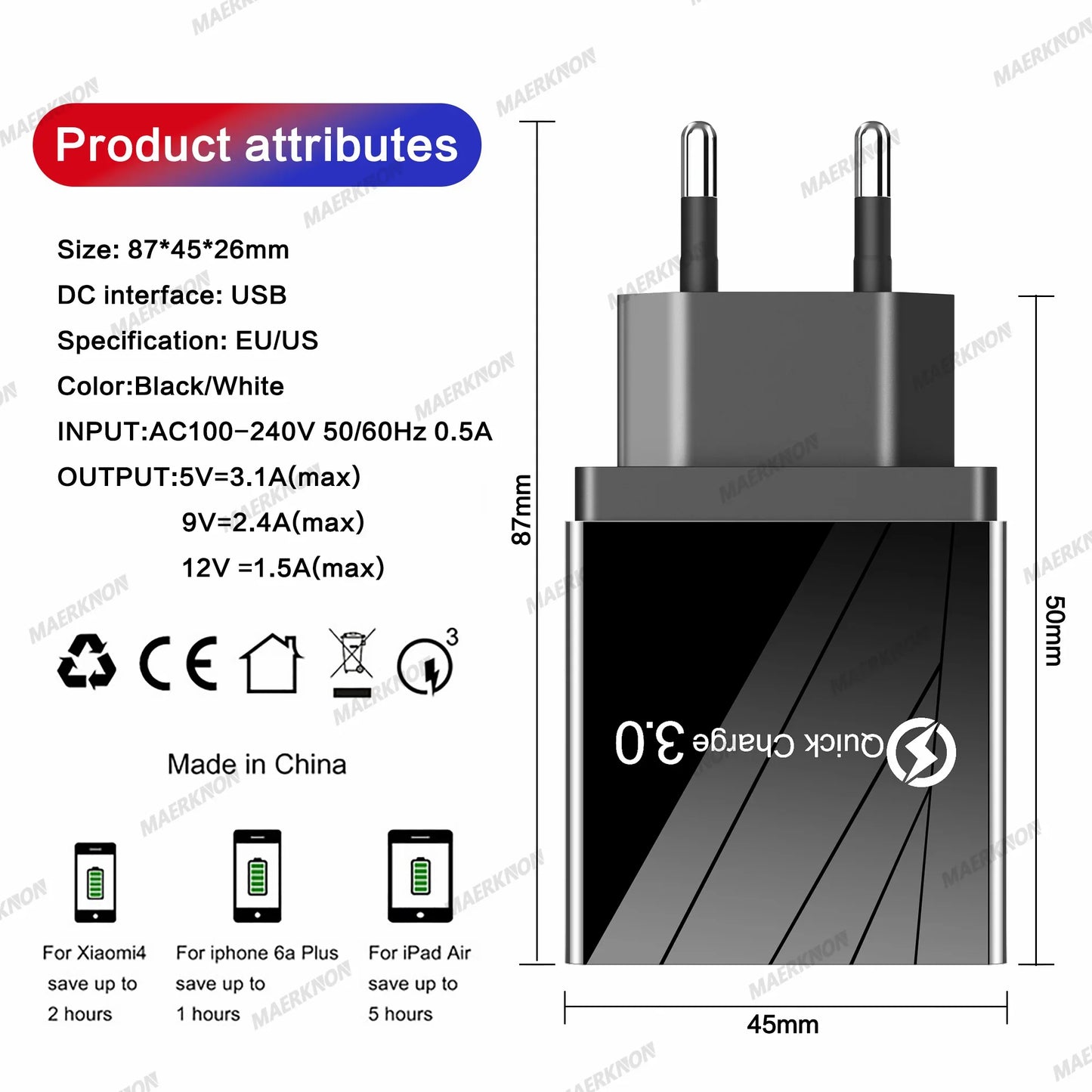 3.1A USB Charger 4 Ports Fast Charging QC 3.0 Wall Charger For Xiaomi iPhone 15 Samsung US/EU Mobile Phone Plug Travel Charger