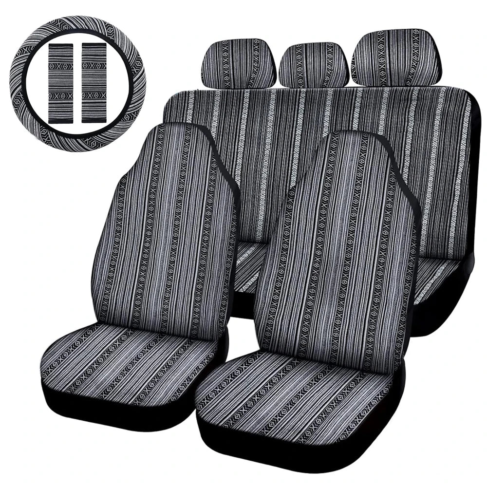 5mm Universal Size Flax Striped Car Seat Covers with Seat Belt Pads Steering Wheel Cover Full Set Fit For Most Car SUV Van Truck