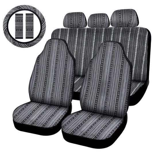 5mm Universal Size Flax Striped Car Seat Covers with Seat Belt Pads Steering Wheel Cover Full Set Fit For Most Car SUV Van Truck