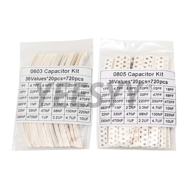 320PCS 720PCS 0603 0805 1206 SMD Capacitor Assorted Kit 16/36/50Values 1PF - 10UF Capacitance Set 100NF 0.1UF 1UF 2.2UF 4.7UF