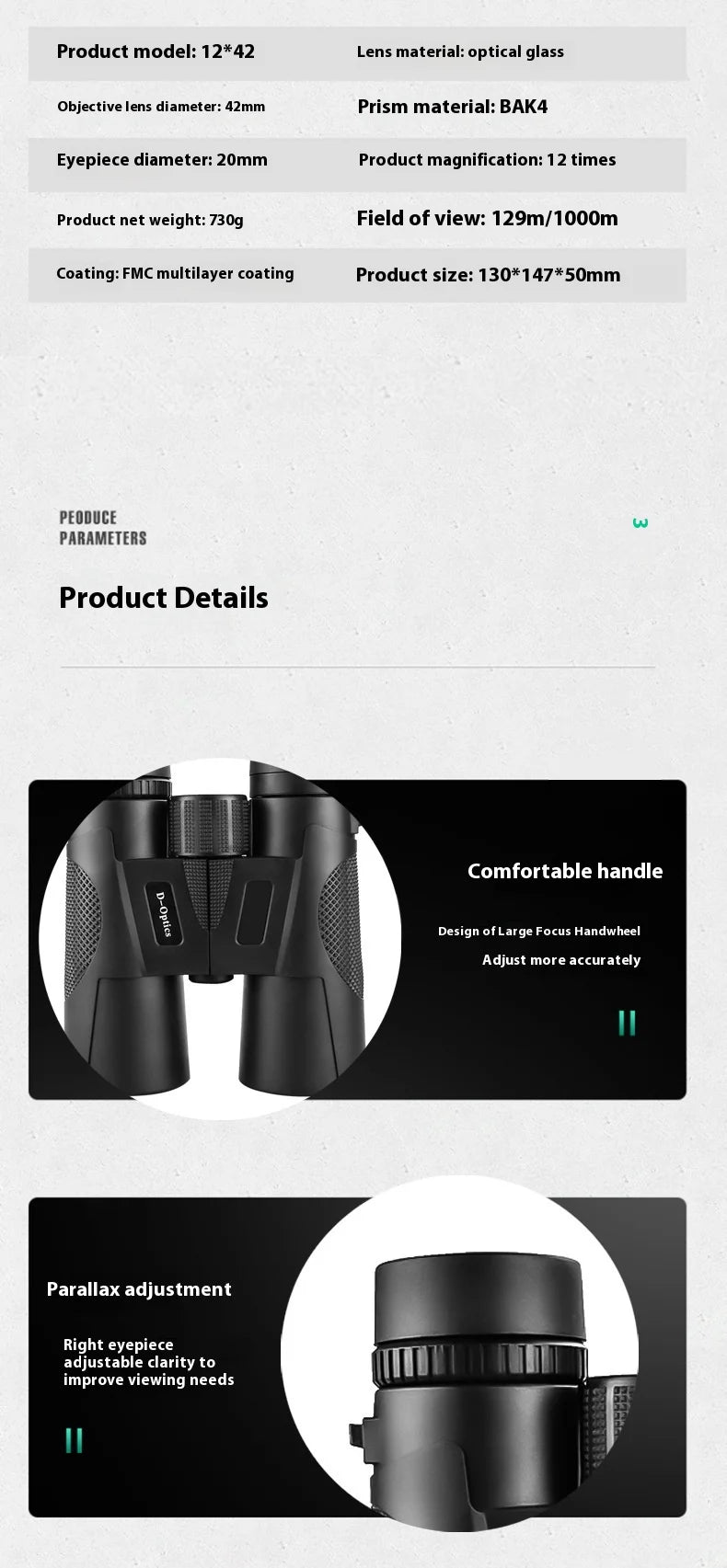 12X42 Binoculars Adults High Powered Professional FMC Lens Central Focus Wide Angle Ideal for Bird Watching Camping