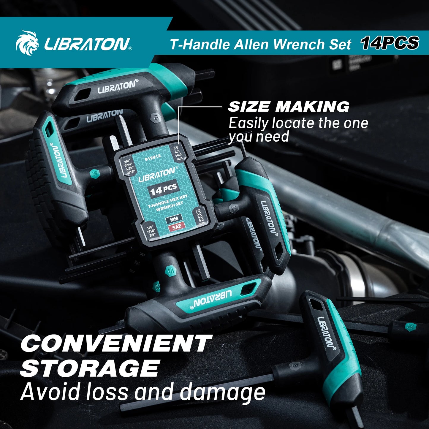 LIBRATON 14PCS Metric & SAE T Handle Hex Key,T-handle Allen Wrench Set, Auto Bike Repair Tool, with Storage Rack,Two-Tip Design