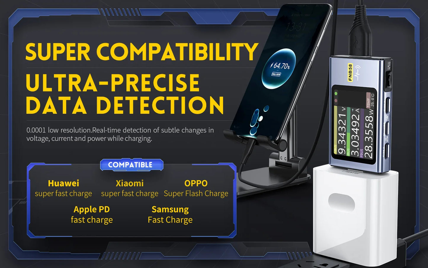 FNIRSI-FNB58 USB Tester Voltmeter Ammeter TYPE-C Fast Charge Detection Trigger Capacity Measurement Ripple Measurement