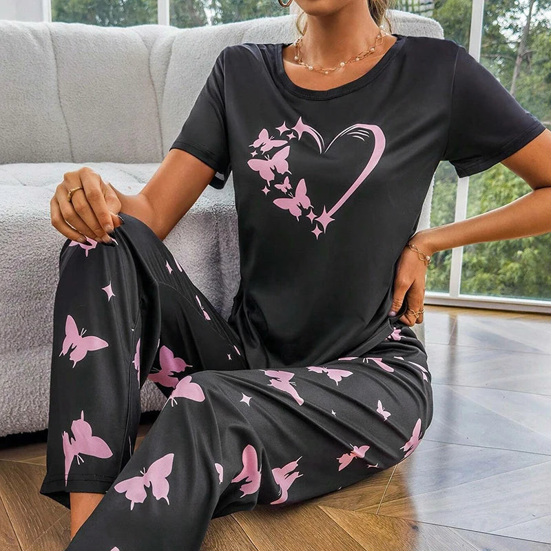 Women's Pajamas Heart & Butterfly Print Pajama Home Clothes Autumn Short Sleeve Tops & Pants Sleepwear 2 Piece Sets Loungewear