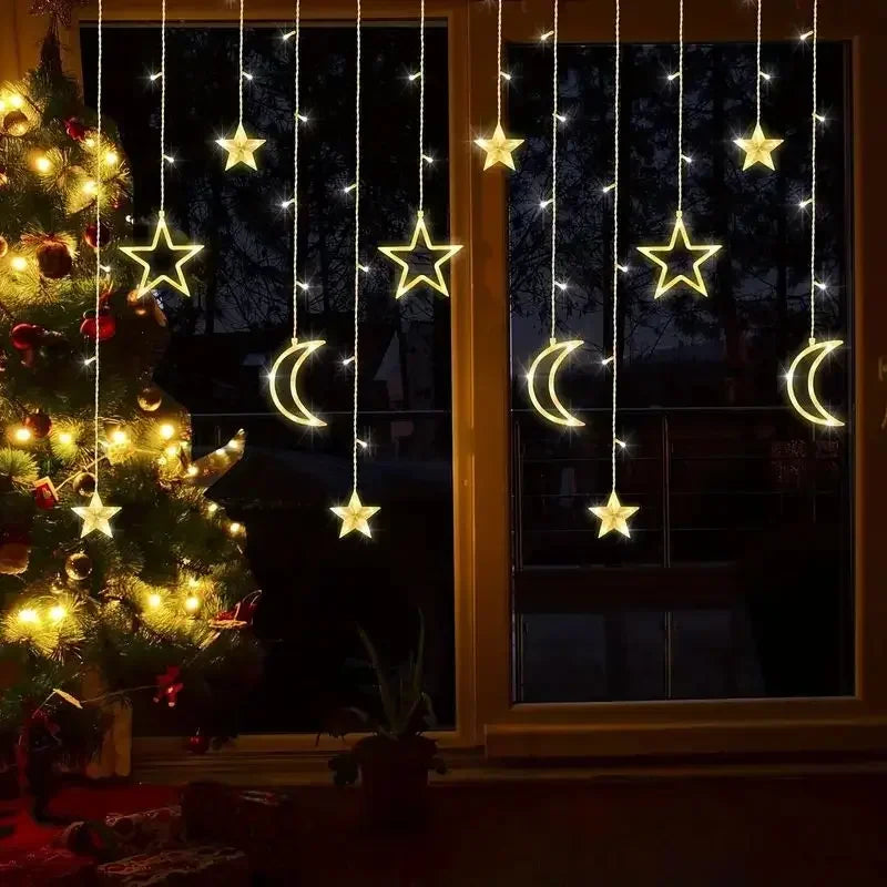 LED Fairy String Curtain Window Lights Twinkle Star Moon Lamp USB Home Wedding Festival Birthday Party Decor Romantic Decoration