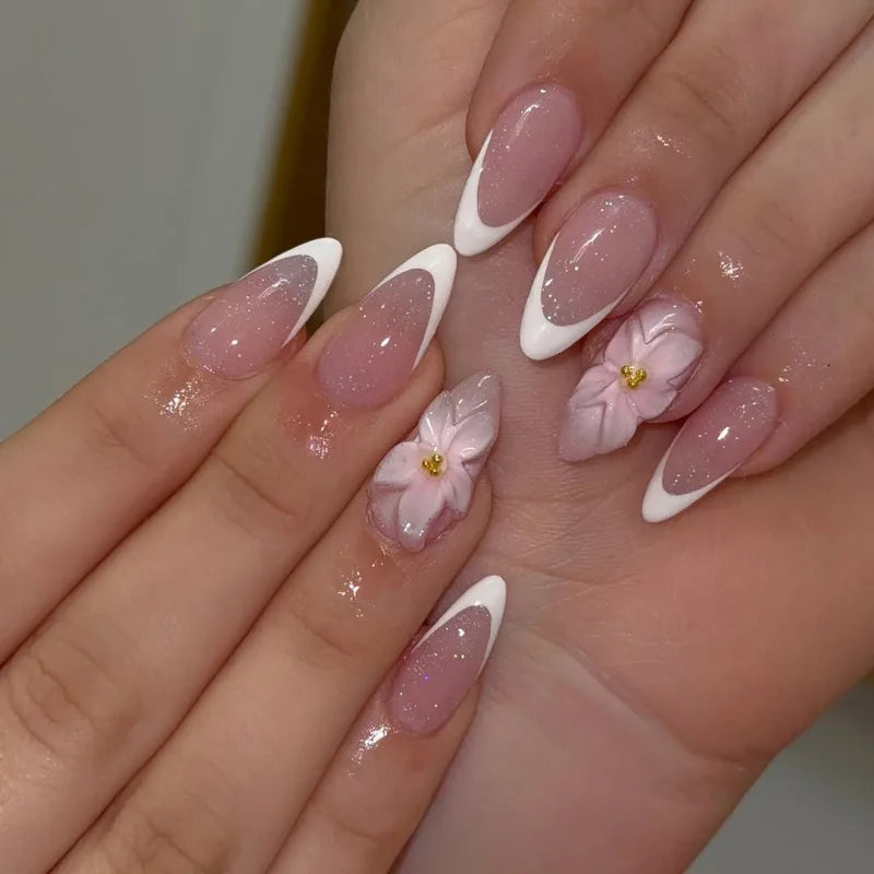 24PCS 3D Sweet Pink Flower Almond Press on False Nails with Yellow French Diamonds Fake Nails Artificial Wearable Tips with Glue