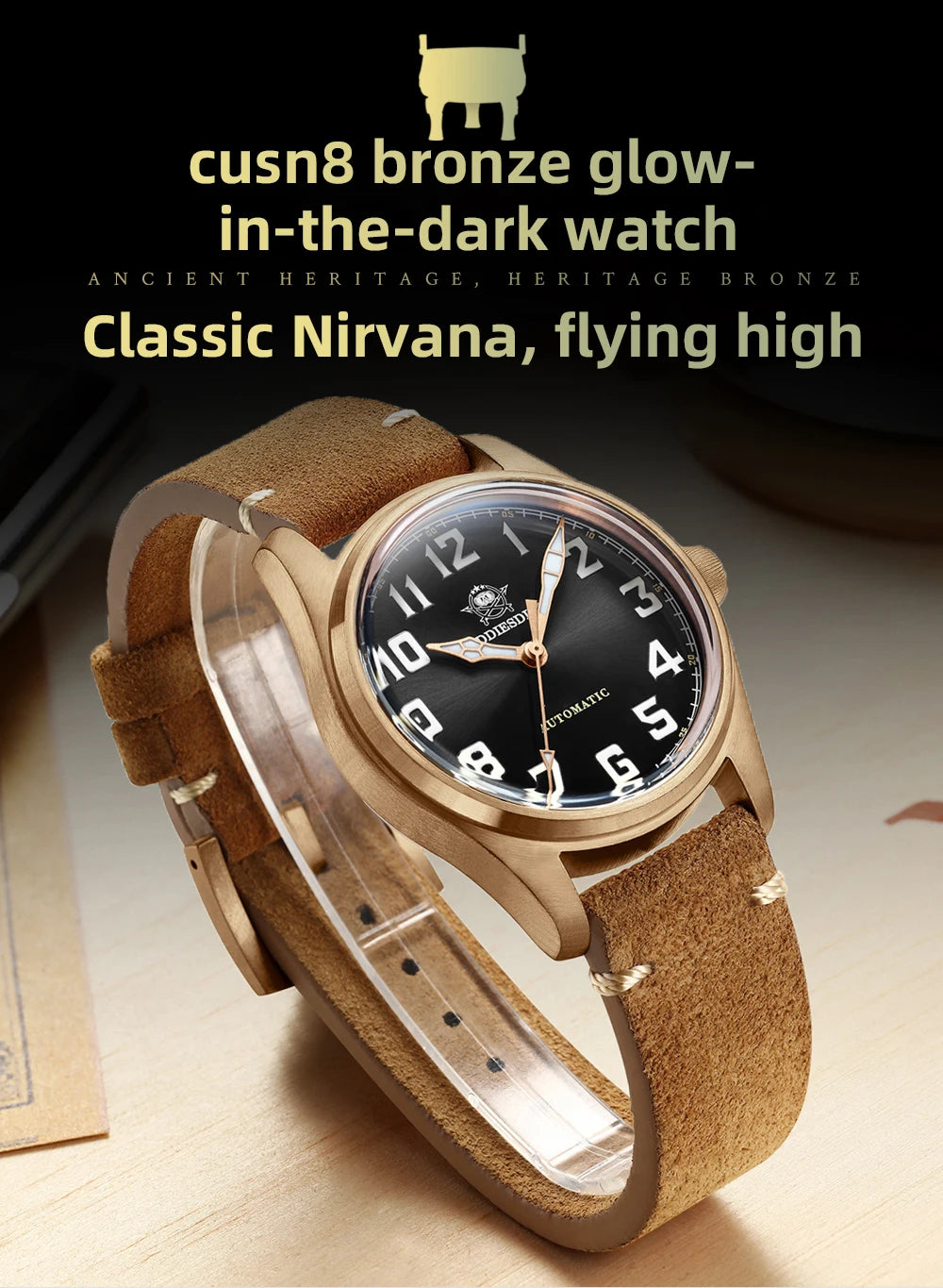 ADDIESDIVE 39mm Vintage CuSn8 Bronze Diver 200m Men's Watch Bubble mirror sapphire glass Automatic Mechanical Leather Strap