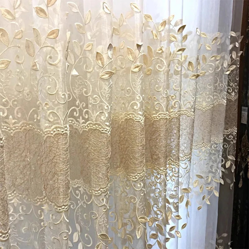 High Precision Embroidered Gauze Curtain with Embossed Leaves Curtains for Living Dining Room Bedroom