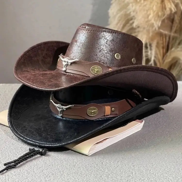 Faux Leather Western Cowboy Hats For Women Men Vintage Gentleman Dress Hats Panama Cowgirl Jazz Cap Sombrero Hombre