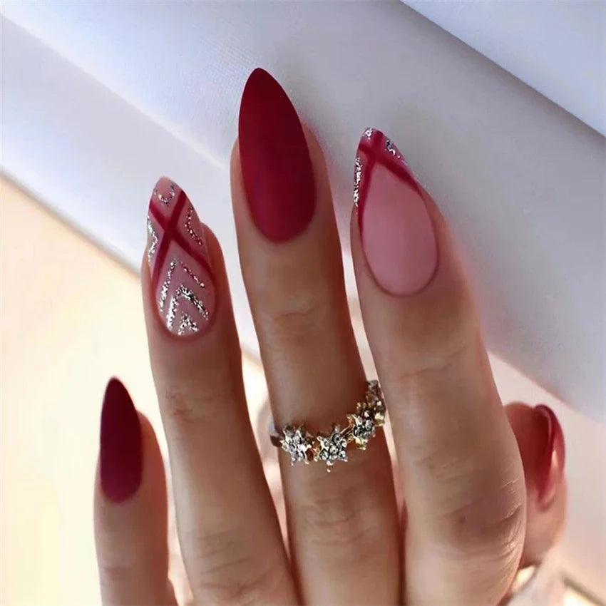 24Pcs/Set Black French Fake Nails Chips Removable Almond Shape Pointed Wearing False Nails Full Cover Stick Press on Nail Tips