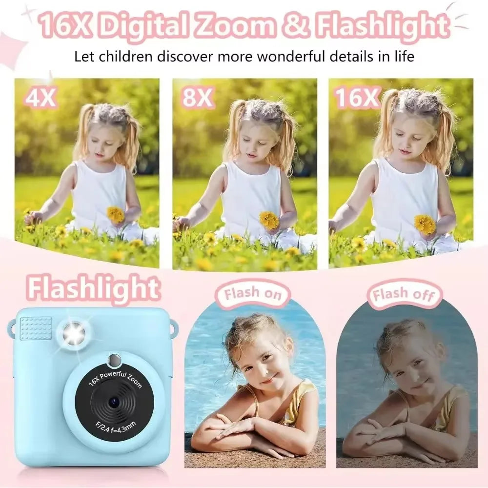 Portable Instant Print Camera for Kids - 1080P HD Video Camera with 3 Rolls Photo Paper and 32GB Card, Perfect Toy for Toddlers