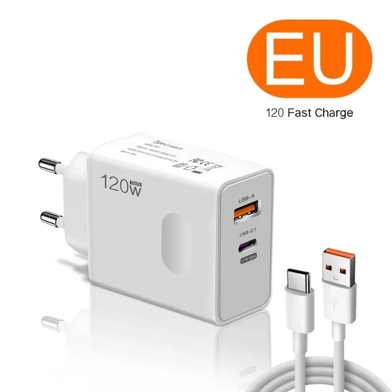 Total 120W USB Type C Fast Charging Charger PD Mobile Phone Quick Charge Wall Adapter for iPhone 15 Xiaomi Samsung GaN Charger