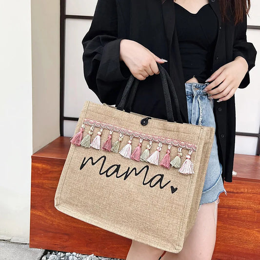 Women Large Capacity Tote Bag Mama Letter Printing Casual Fashion Linen Handbag Shopping Shoulder Bag Mother’s Day Gifts for Mom