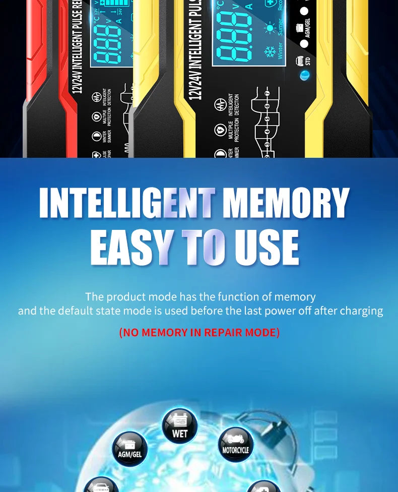 12V-24V Car Battery-Charger Full Automatic 12V 10A Digital Car Battery Charger Pulse Repair for AGM GEL WET Lead Acid
