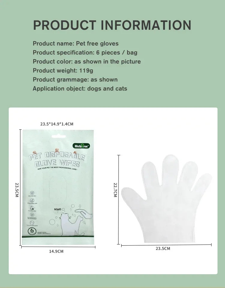 6pcs Pet Disposable Gloves Dog Bath Cleaning Wipes Mild Deodorizing Full Body Special Cleaning Gloves Cat Grooming Supplies