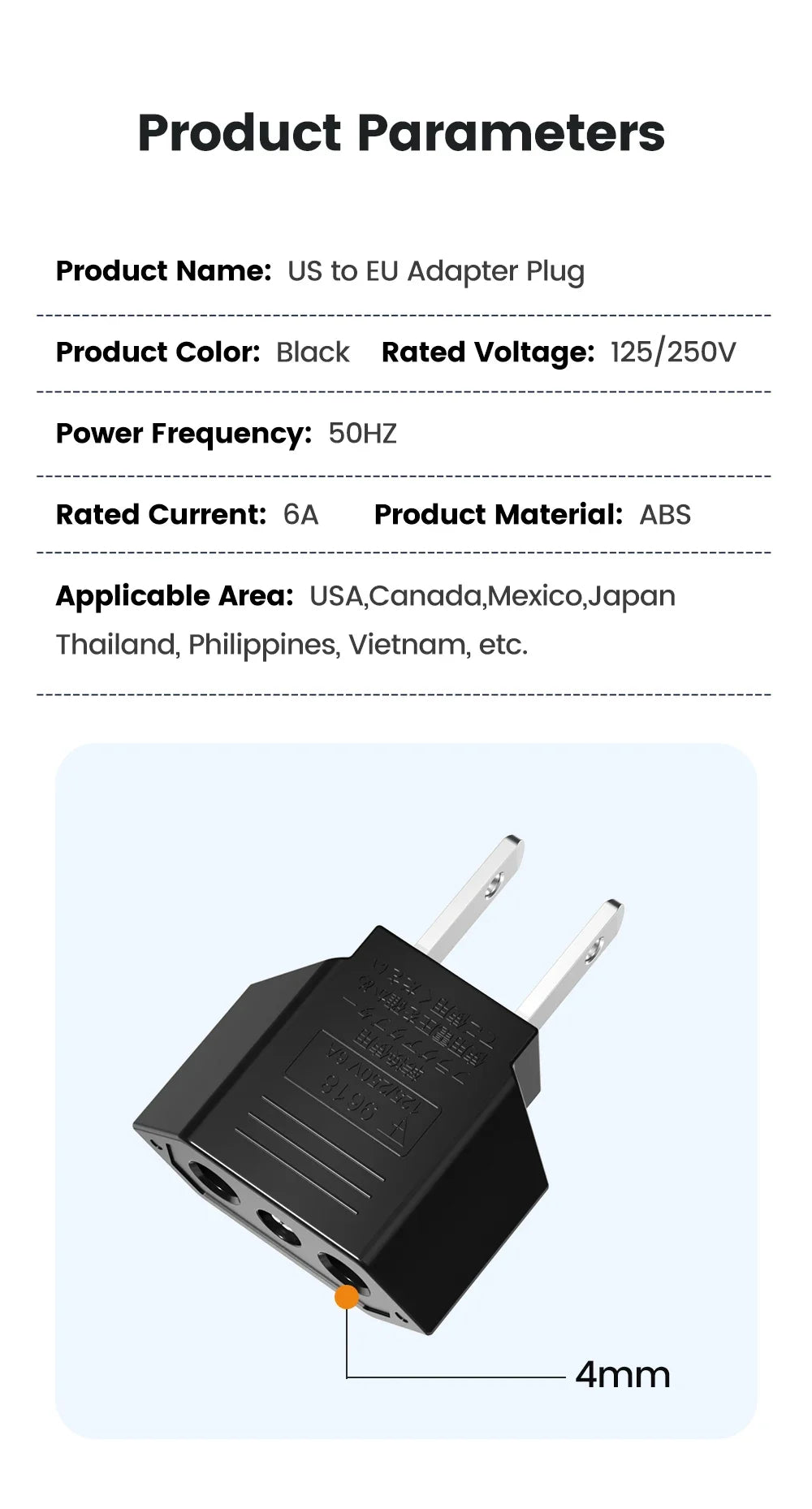 Elough US To EU Converter Plugs US America To EU European Power Adapter Travel Converter 4.0mm American To Europe Plug Adapter