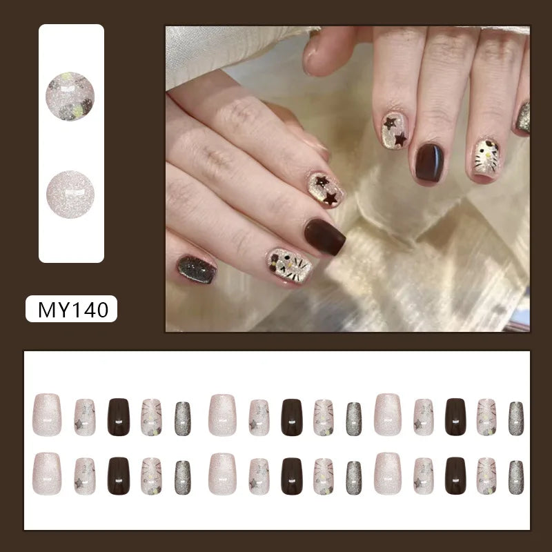 Bean Paste Cat Eyes Press on Nails Pink Gradient Fake Nails Glossy Artificial Finger Manicure Reusable False Nails for Women
