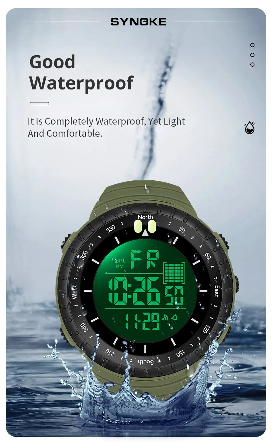 SYNOKE Watch Outdoor Sports Multifunctional Waterproof Shock Resistant Large Screen Display Luminous LED Digital Watch For Men