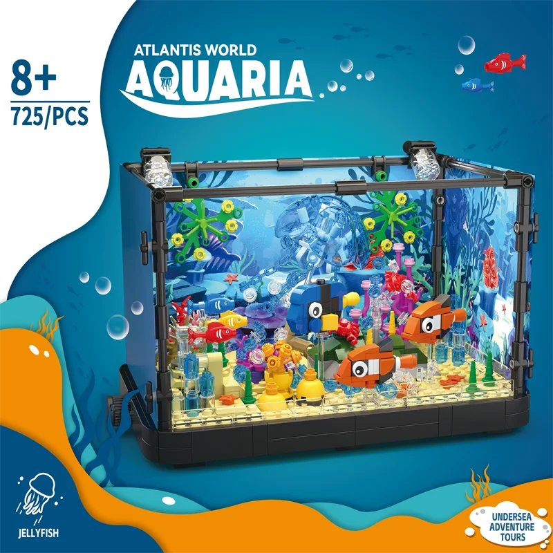 Idea Fish Tank Building Block Set with Light，Aquarium, Marine Life, Jellyfish And Turtle Ecological Tank, Toys For Boys And Girl