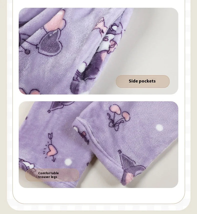 Miniso Hello Kitty Kuromi Sleeper Pants With Flannel Thick Fleece For Warmth Casual Cute Cartoon Pattern Girl Christmas Clothing
